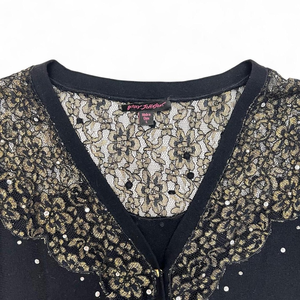Betsey Johnson Black V-Neck Sweater Cardigan with Gold Lace & Pearl Accents - Picture 2 of 6